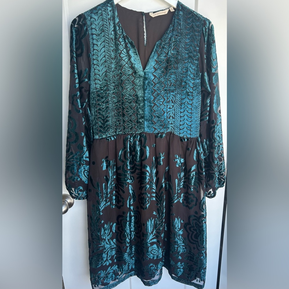 Soft Surroundings M Blue Velvet Pattern Dress Western Bohemian Boho Holiday Fall